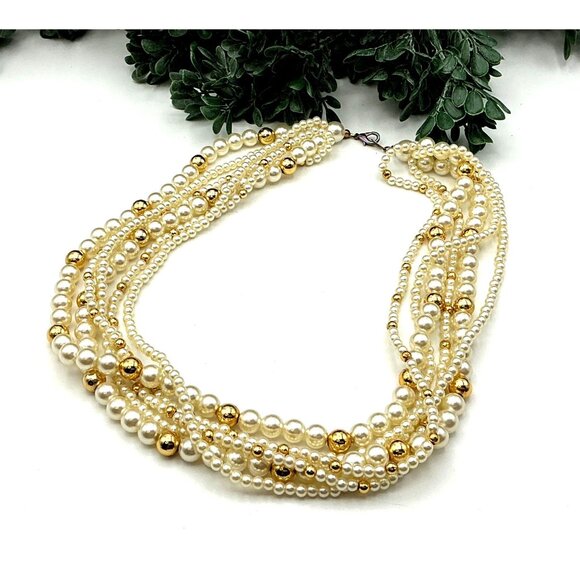Multi-Strand Faux Pearl & Gold Beaded Necklace With Lobster Clasp Closure - Picture 3 of 4